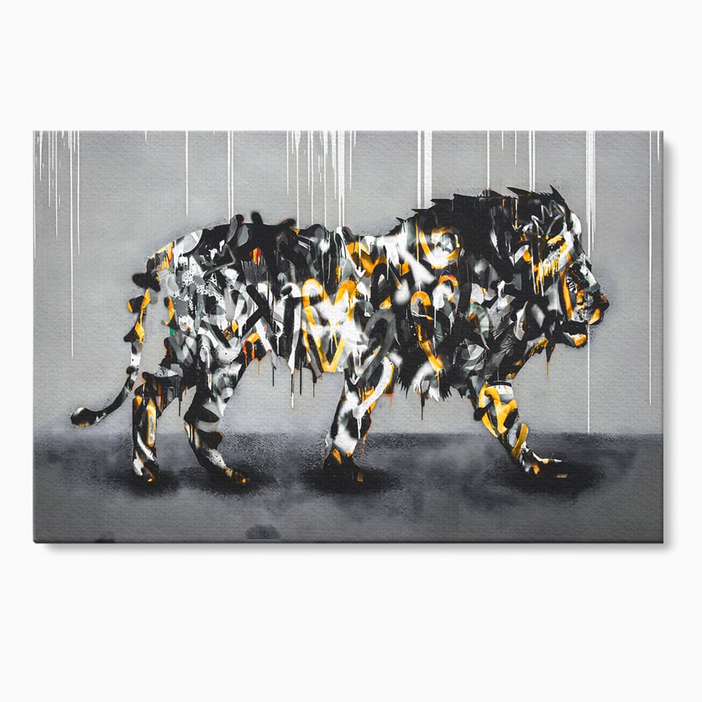 Tablou canvas cu tablou canvas cu leu in stil graffiti, fara rama, pe sasiu de lemn