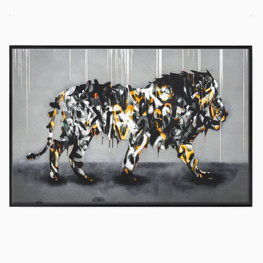 Tablou canvas cu tablou canvas cu leu in stil graffiti, in rama de aluminiu negru