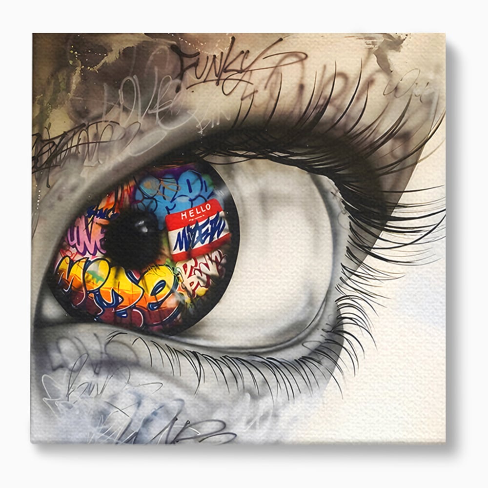 Tablou canvas cu tablou canvas cu ochi uman si graffiti, fara rama, pe sasiu de lemn