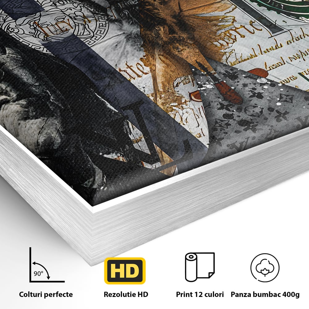 Detaliu al suprafetei: tablou canvas cu fluture din bani, in rama de aluminiu argintiu