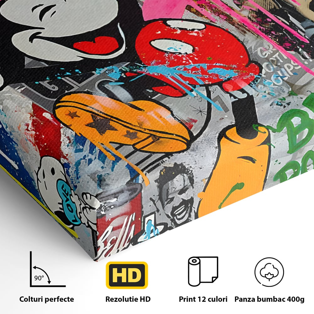 Detaliu al suprafetei: tablou canvas cu mickey mouse si personaje pop art, fara rama, pe sasiu de lemn