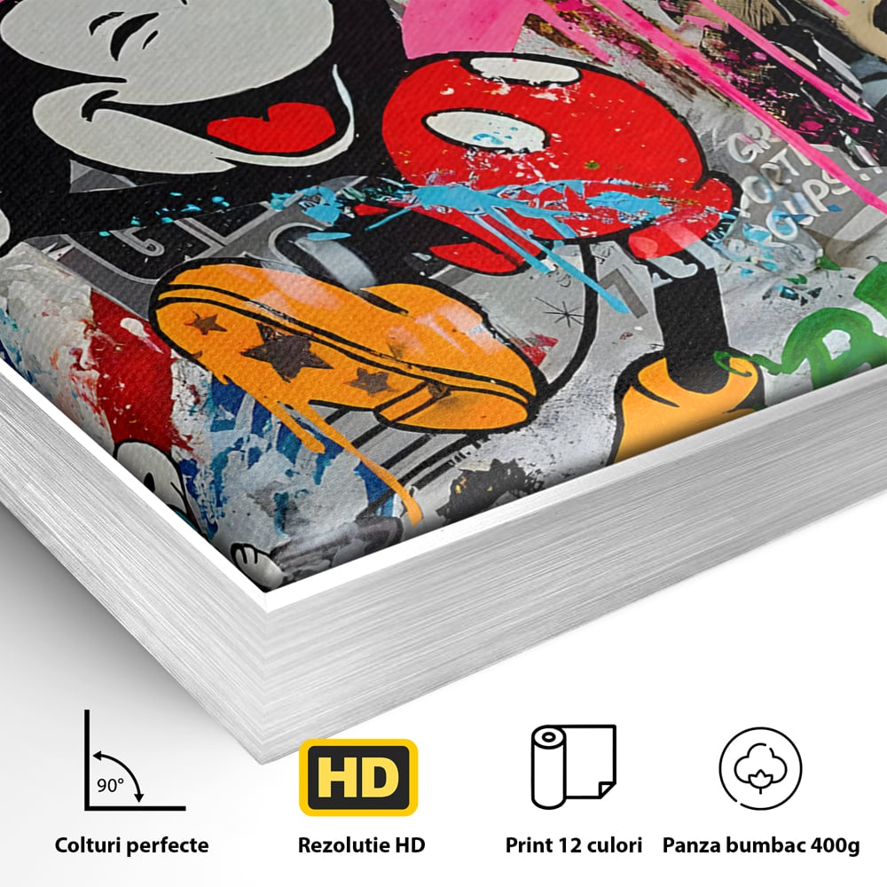 Detaliu al suprafetei: tablou canvas cu mickey mouse si personaje pop art, in rama de aluminiu argintiu