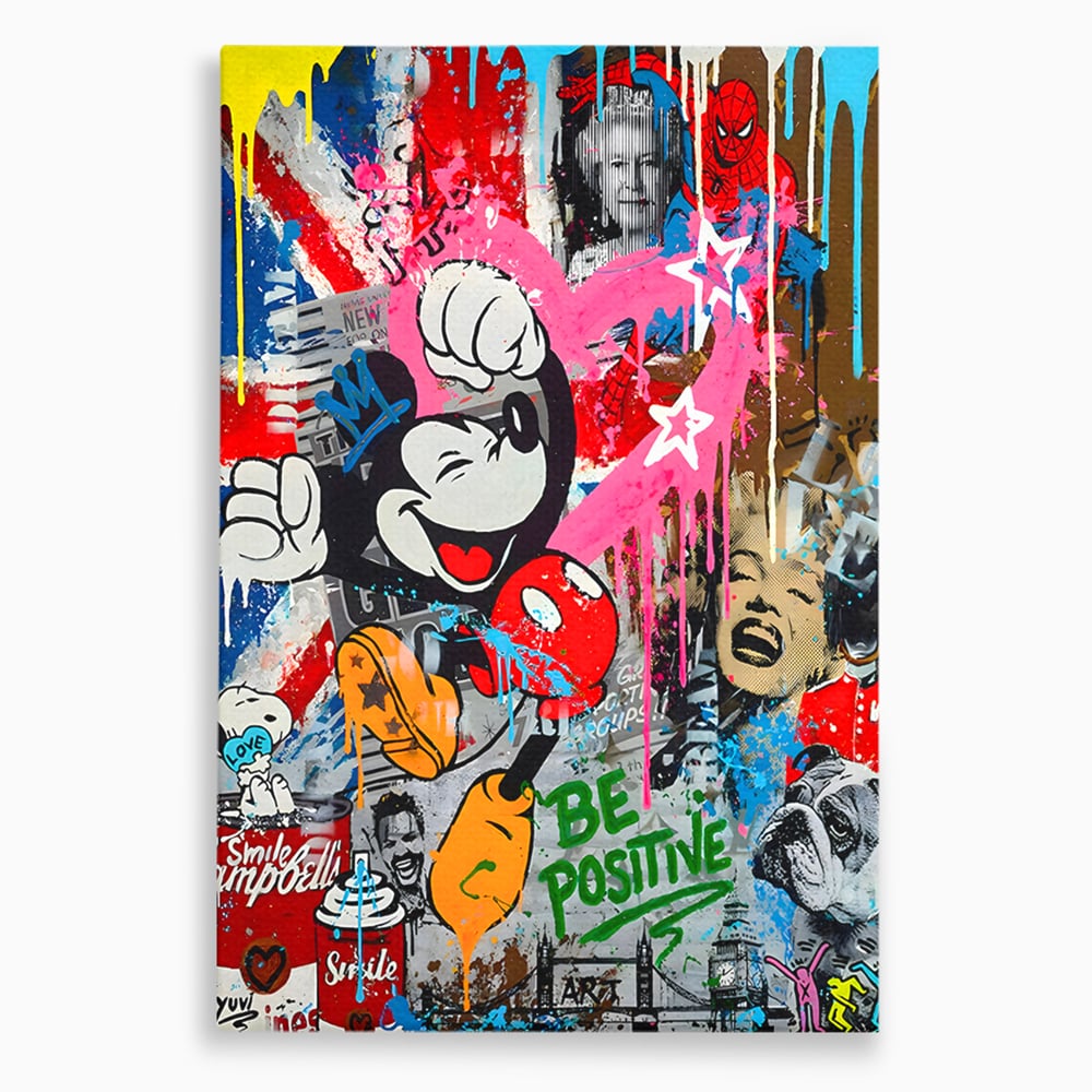 Tablou canvas cu tablou canvas cu mickey mouse si personaje pop art, fara rama, pe sasiu de lemn