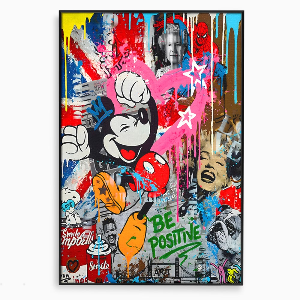 Tablou canvas cu tablou canvas cu mickey mouse si personaje pop art, in rama de aluminiu negru