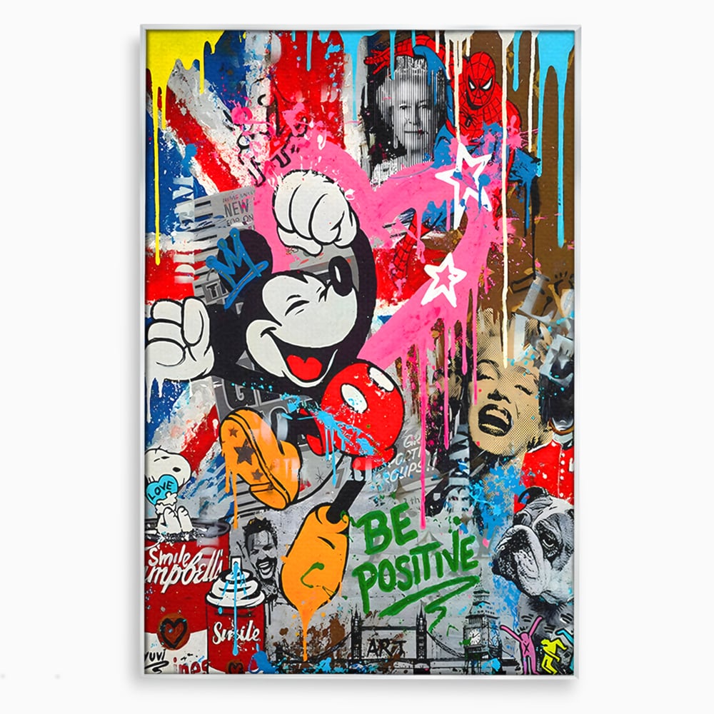Tablou canvas cu tablou canvas cu mickey mouse si personaje pop art, in rama de aluminiu argintiu