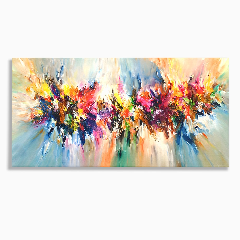 Tablou canvas cu pictura abstracta cu explozie de culoare, fara rama, pe sasiu de lemn