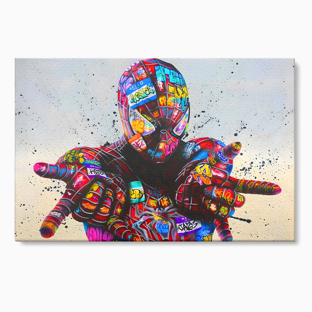 Tablou canvas cu tablou canvas cu omul paianjen in stil grafitti, fara rama, pe sasiu de lemn