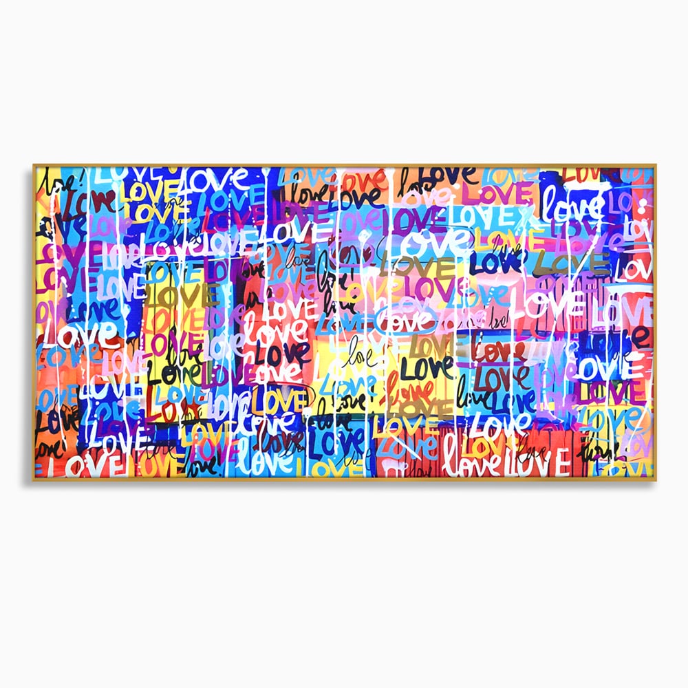 Tablou canvas cu tablou canvas cu graffiti colorat si cuvantul love, in rama de aluminiu auriu
