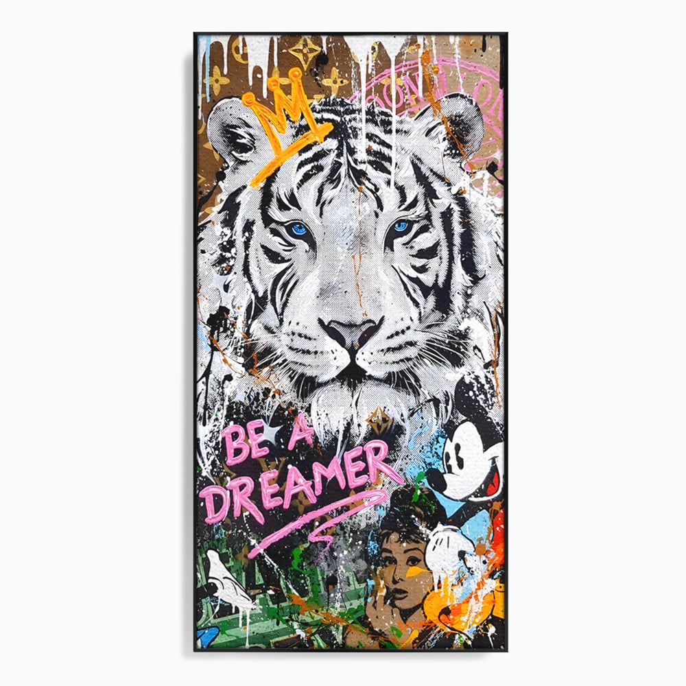 Tablou canvas cu tablou canvas cu tigru alb si personaje pop-art, in rama de aluminiu negru