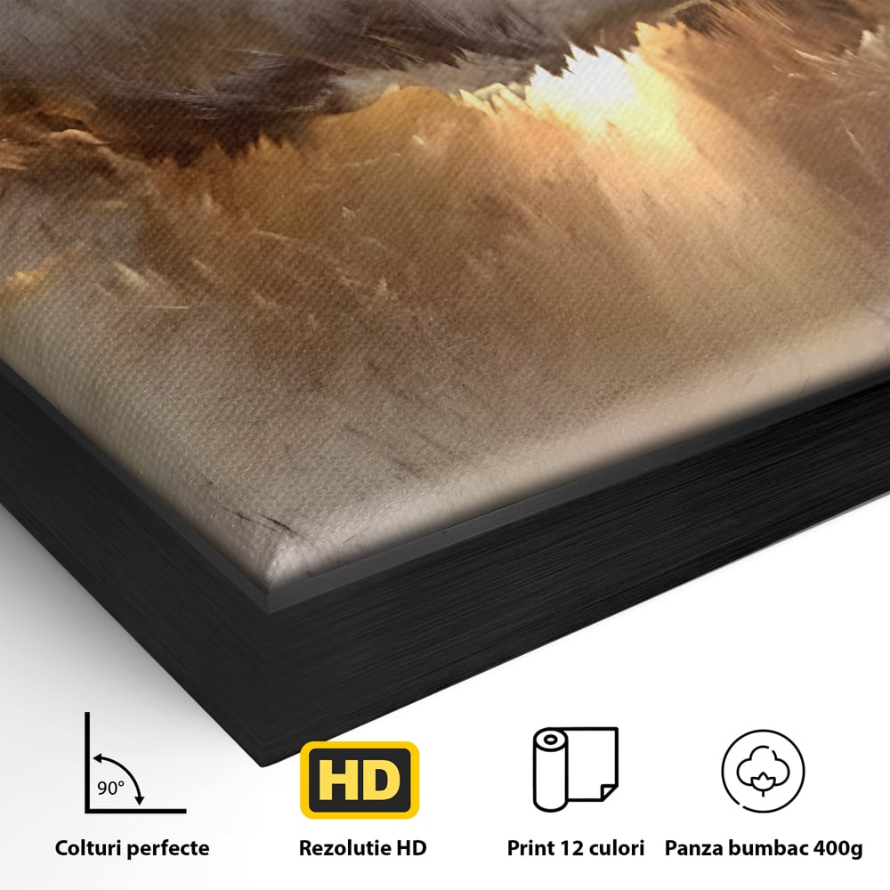 Detaliu al suprafetei: tablou canvas cu peisaj abstract luminos, in rama de aluminiu negru
