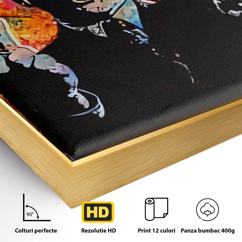 Detaliu al suprafetei: tablou canvas cu leonardo dicaprio pop art, in rama de aluminiu auriu
