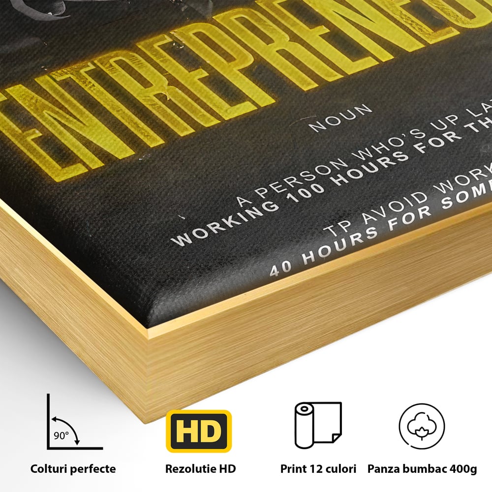 Detaliu al suprafetei: ilustratie motivationala cu text si costum, in rama de aluminiu auriu