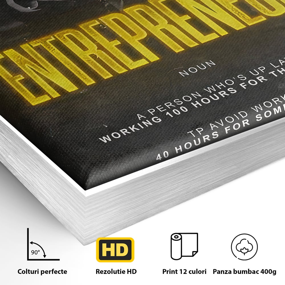 Detaliu al suprafetei: ilustratie motivationala cu text si costum, in rama de aluminiu argintiu