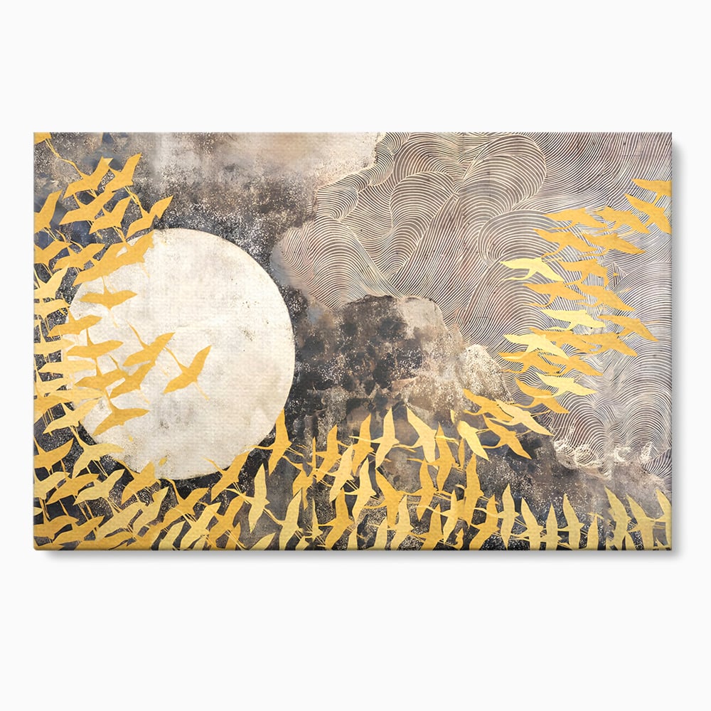 Tablou canvas cu tablou canvas cu pasari aurii si luna, fara rama, pe sasiu de lemn