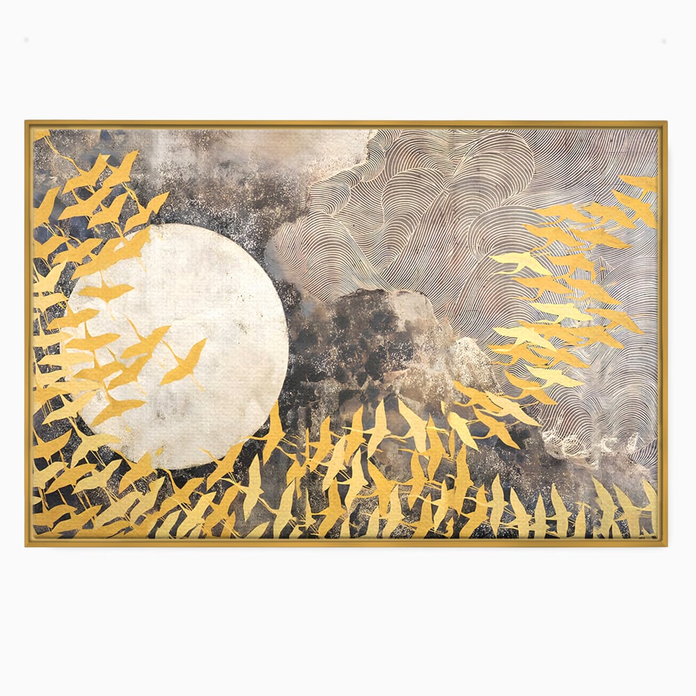 Tablou canvas cu tablou canvas cu pasari aurii si luna, in rama de aluminiu auriu