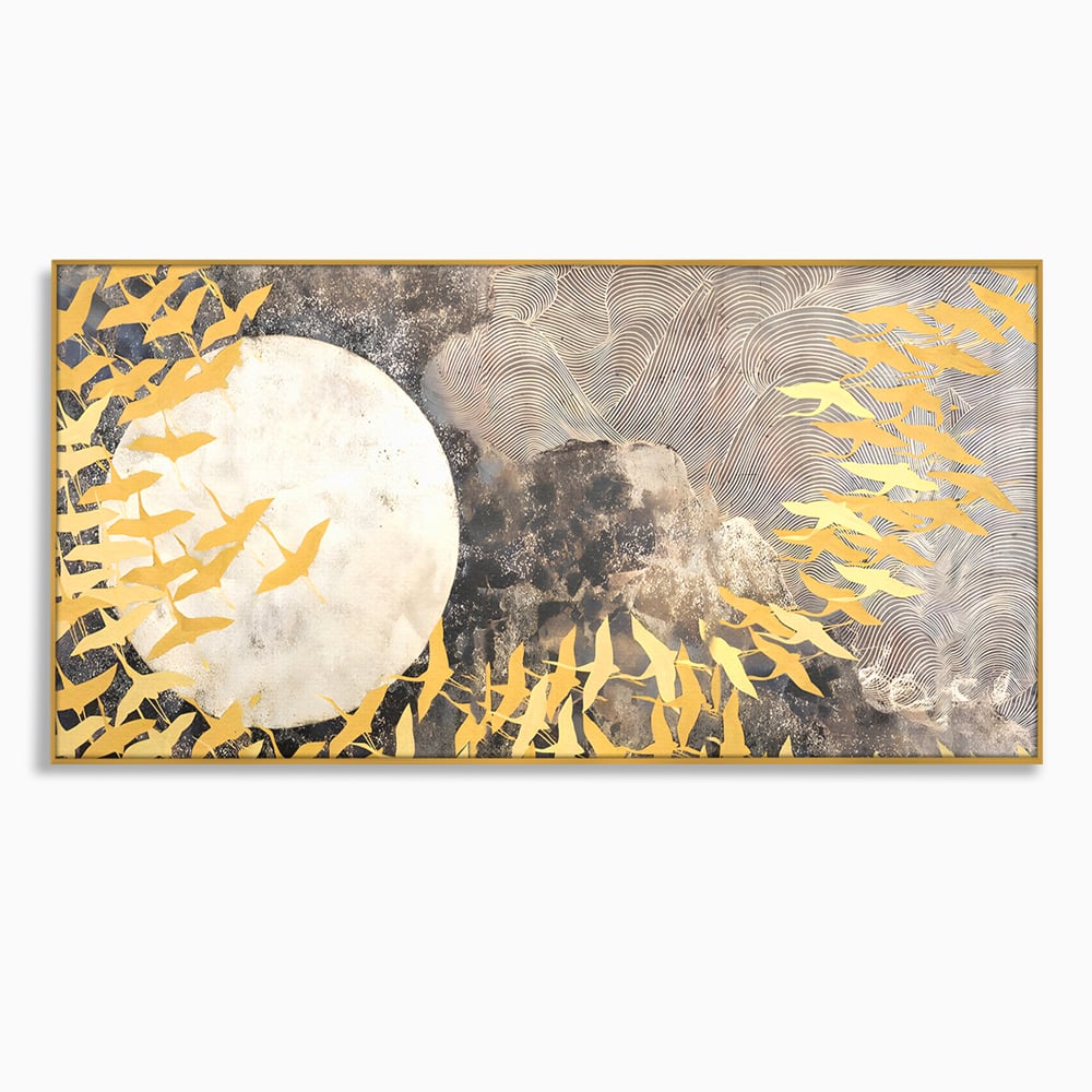 Tablou canvas cu tablou canvas cu pasari aurii si luna, in rama de aluminiu auriu