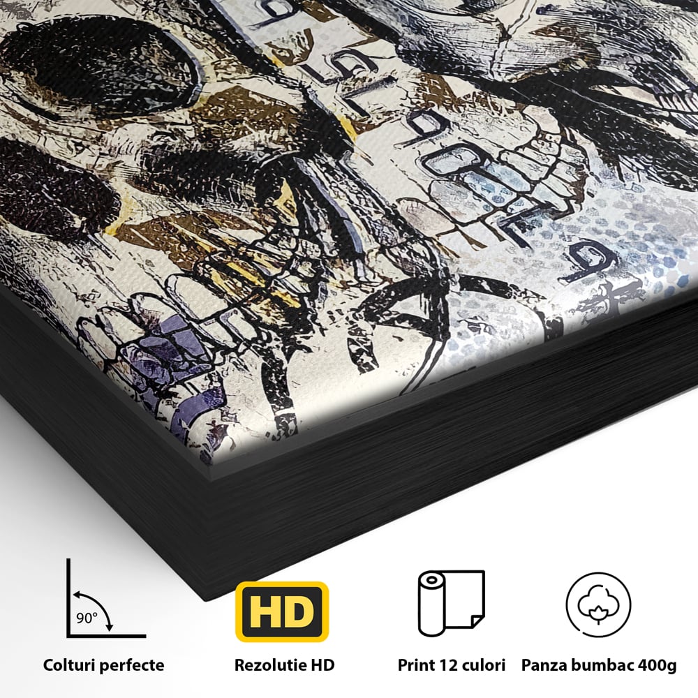 Detaliu al suprafetei: tablou canvas cu doua cranii, in rama de aluminiu negru