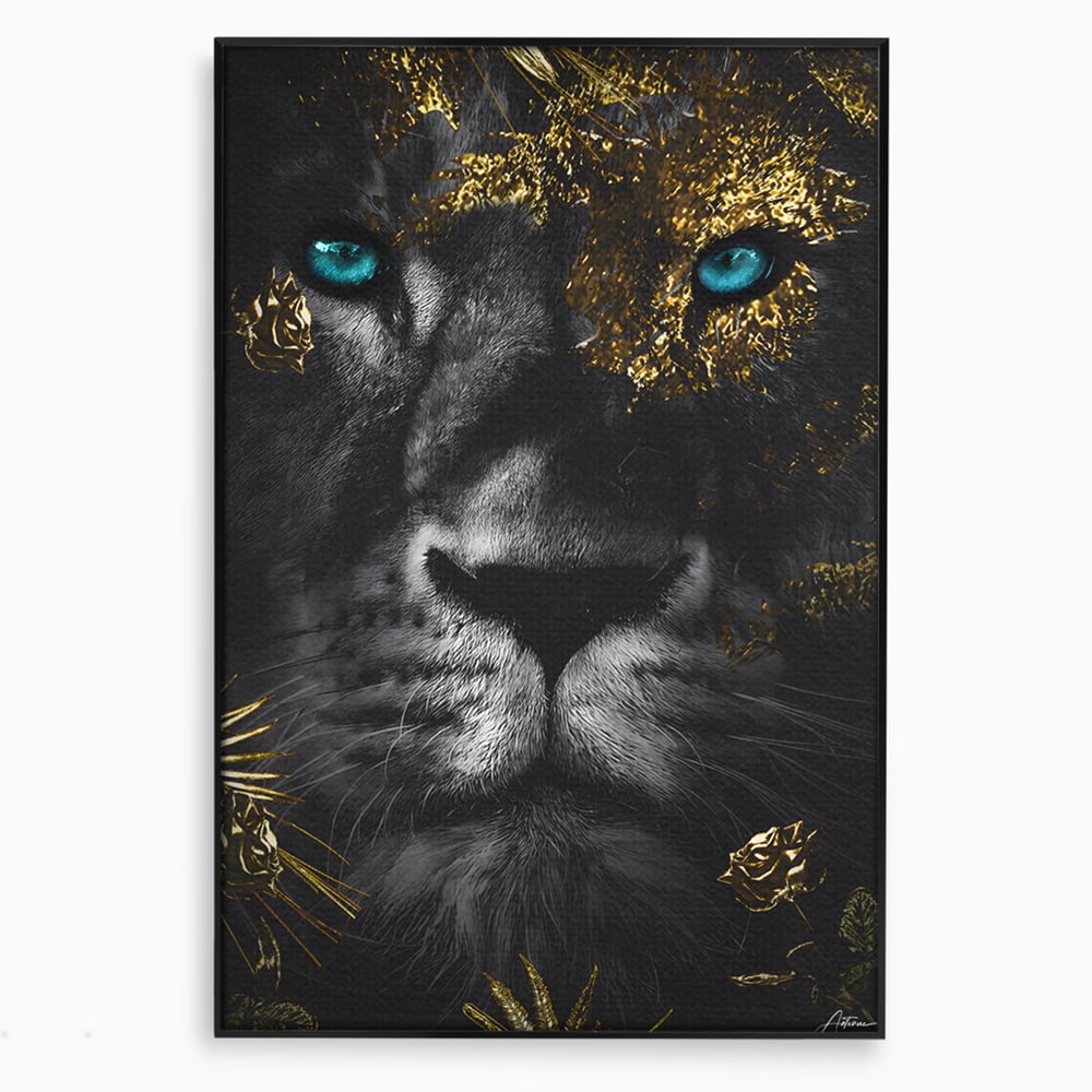 Tablou canvas cu tablou canvas cu leu si ochi albastri, in rama de aluminiu negru