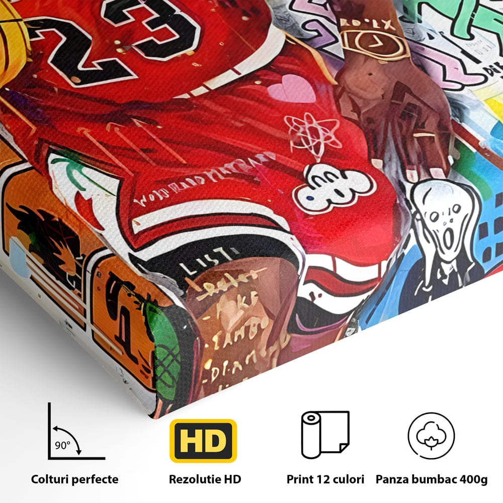 Detaliu al suprafetei: tablou canvas cu michael jordan in stil graffiti, fara rama, pe sasiu de lemn