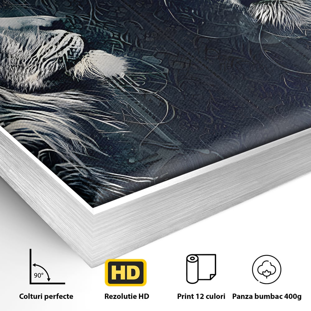 Detaliu al suprafetei: tablou canvas cu leu si leoaica incoronati, in rama de aluminiu argintiu