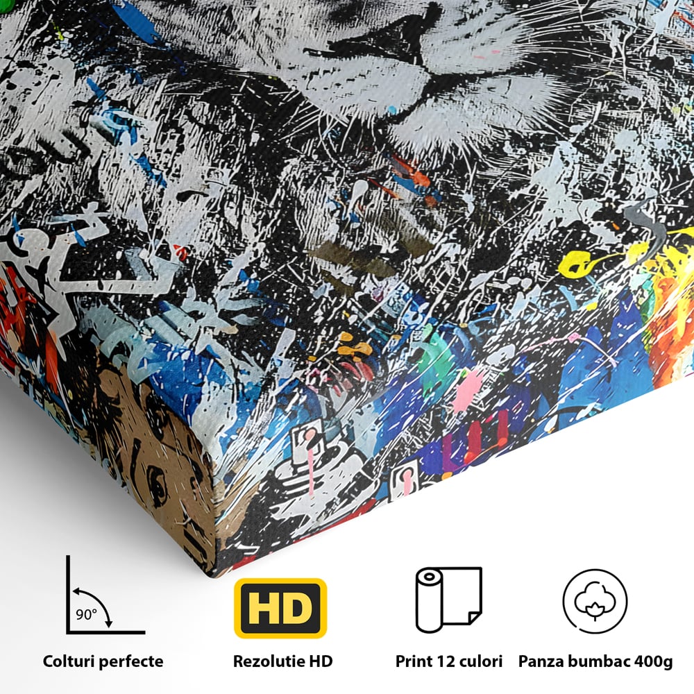 Detaliu al suprafetei: tablou canvas cu leu graffiti, fara rama, pe sasiu de lemn