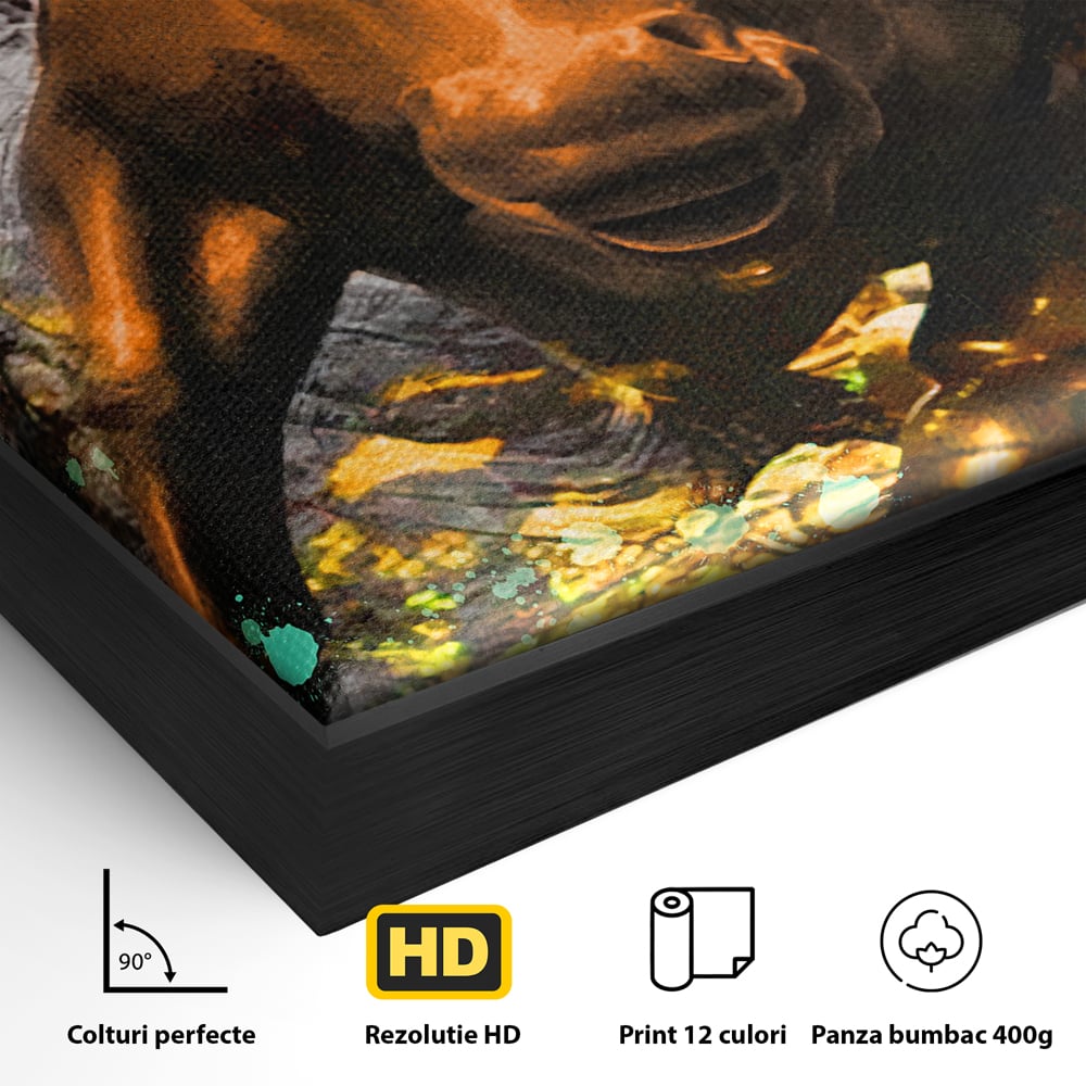Detaliu al suprafetei: tablou canvas cu taur si dolar, in rama de aluminiu negru
