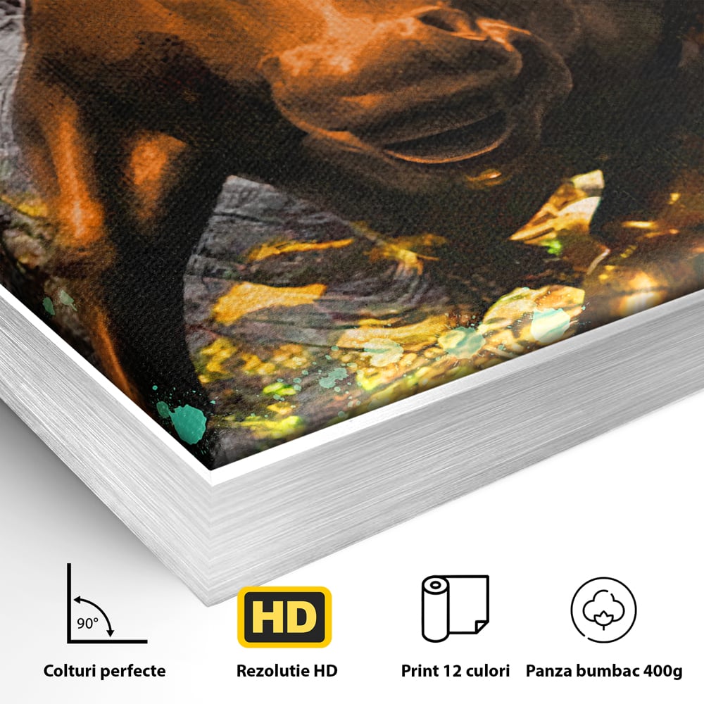 Detaliu al suprafetei: tablou canvas cu taur si dolar, in rama de aluminiu argintiu