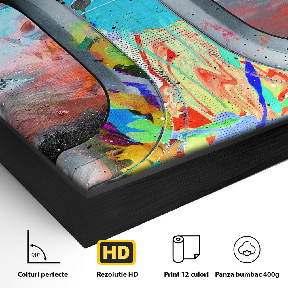 Detaliu al suprafetei: tablou canvas cu ferestre de avion si graffiti, in rama de aluminiu negru