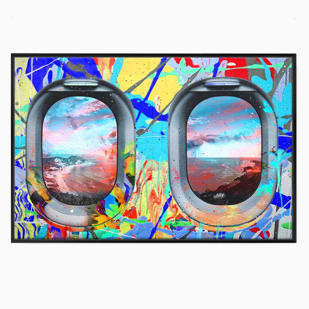 Tablou canvas cu tablou canvas cu ferestre de avion si graffiti, in rama de aluminiu negru