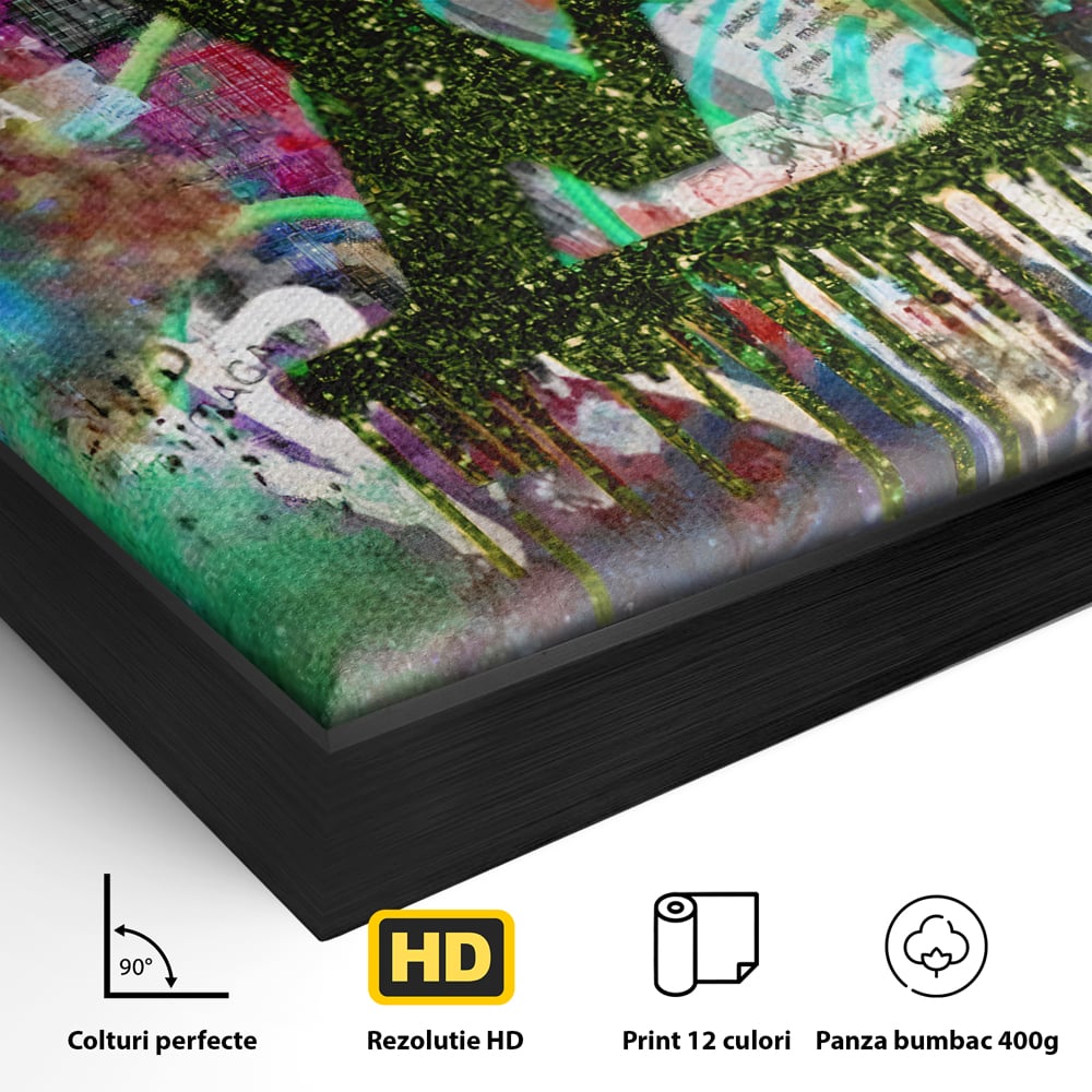 Detaliu al suprafetei: tablou canvas cu monograma si graffiti, in rama de aluminiu negru