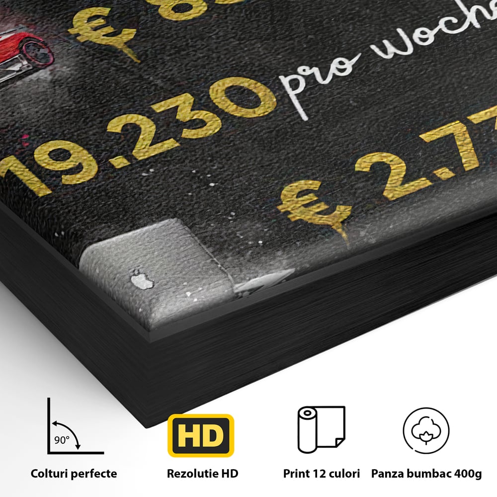 Detaliu al suprafetei: tablou canvas cu elemente financiare si bunuri de lux, in rama de aluminiu negru