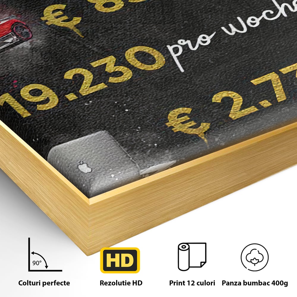 Detaliu al suprafetei: tablou canvas cu elemente financiare si bunuri de lux, in rama de aluminiu auriu