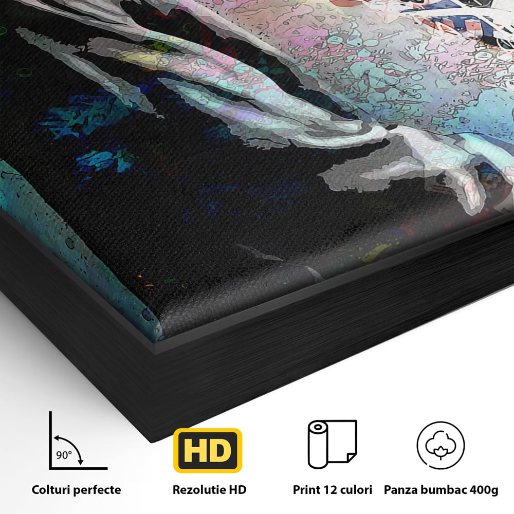Detaliu al suprafetei: tablou canvas cu baiat in hanorac, in rama de aluminiu negru