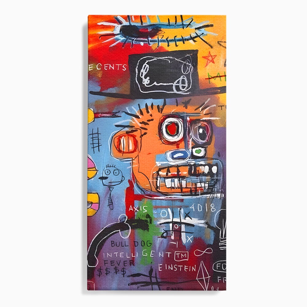 Tablou canvas cu tablou abstract cu portret si inscriptii, fara rama, pe sasiu de lemn