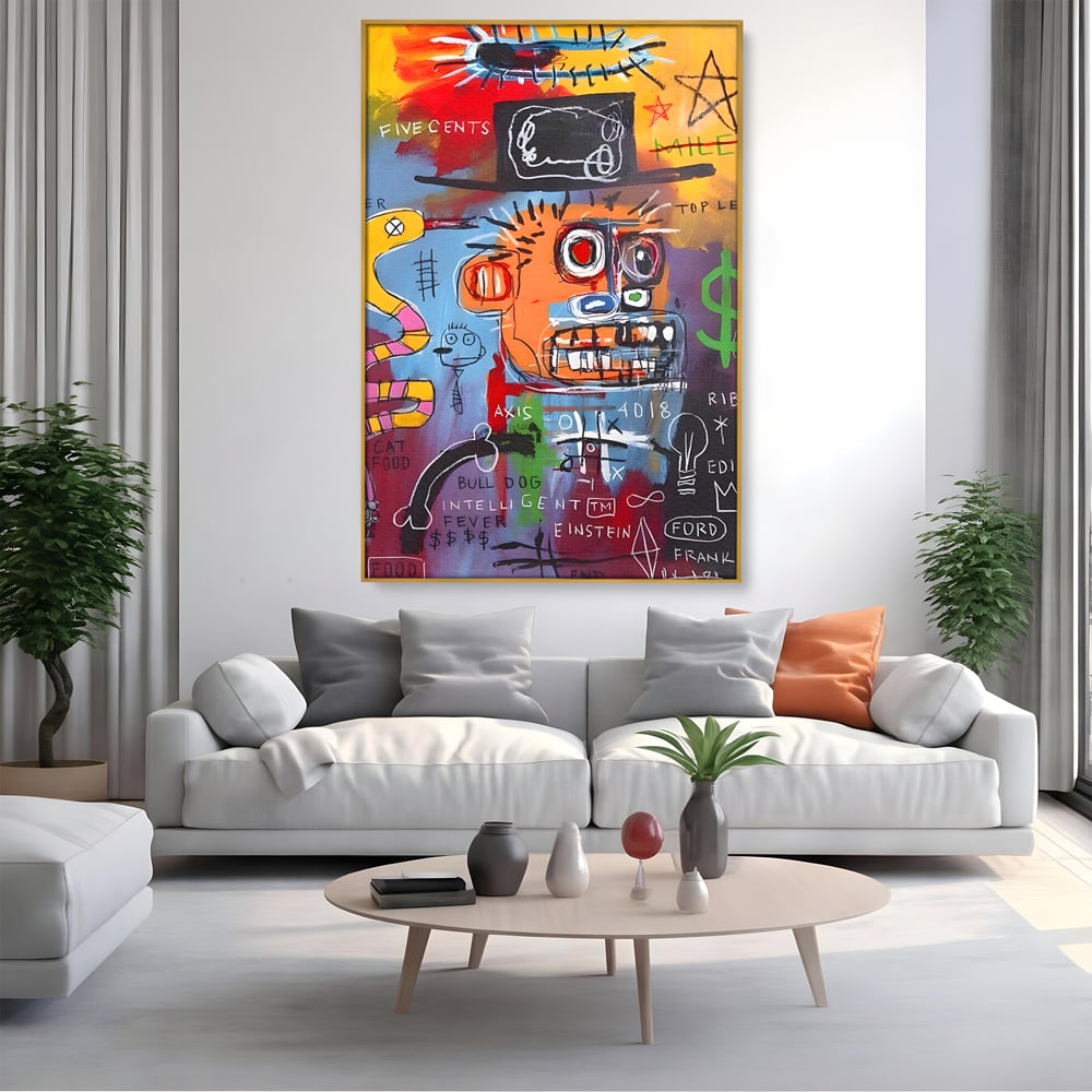 Tablou canvas cu tablou abstract cu portret si inscriptii, in rama de aluminiu auriu, pe perete intr-un living