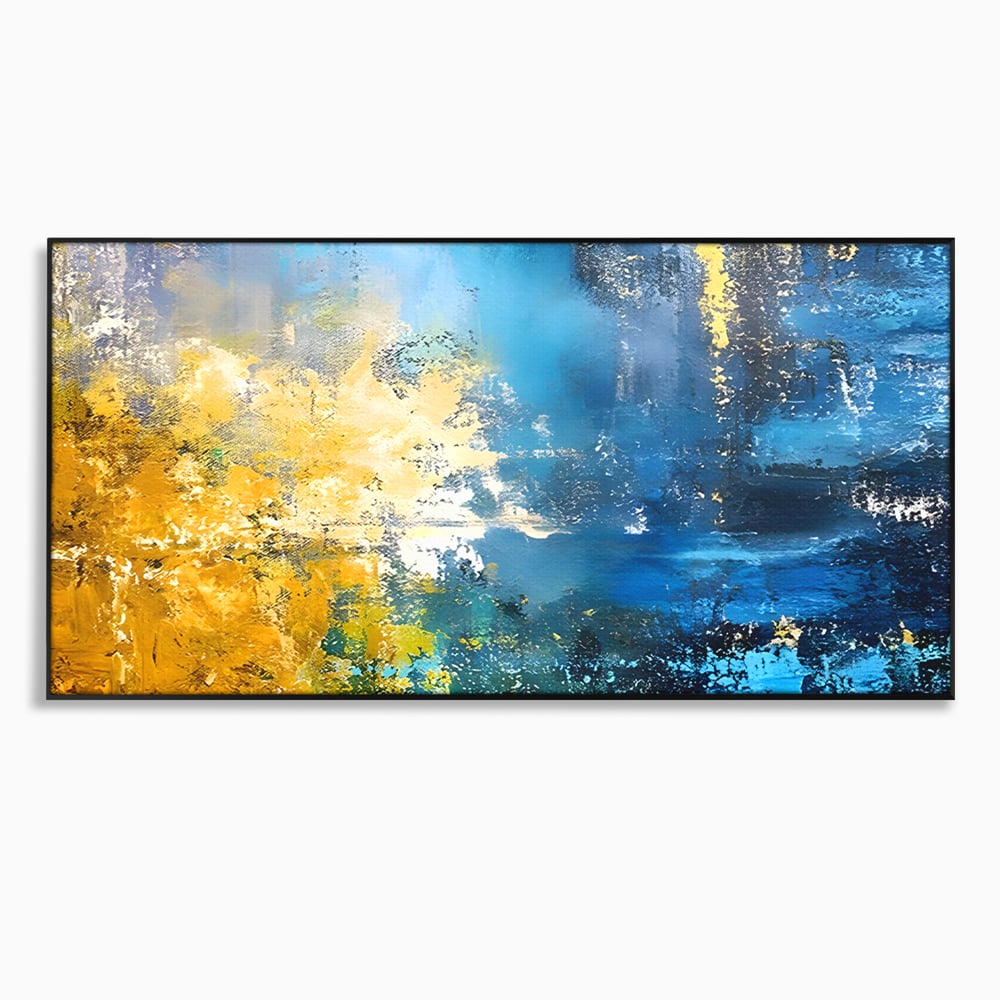 Tablou canvas cu pictura abstracta cu valuri aurii si albastre, in rama de aluminiu negru