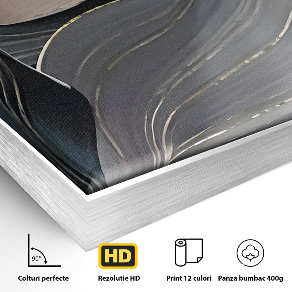 Detaliu al suprafetei: pictura abstracta cu valuri ondulate, in rama de aluminiu argintiu