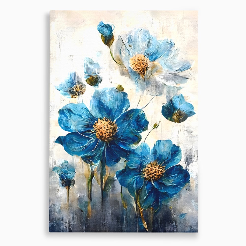 Tablou canvas cu pictura verticala cu flori albastre, fara rama, pe sasiu de lemn