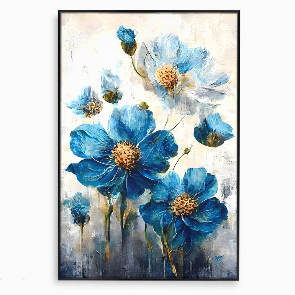 Tablou canvas cu pictura verticala cu flori albastre, in rama de aluminiu negru