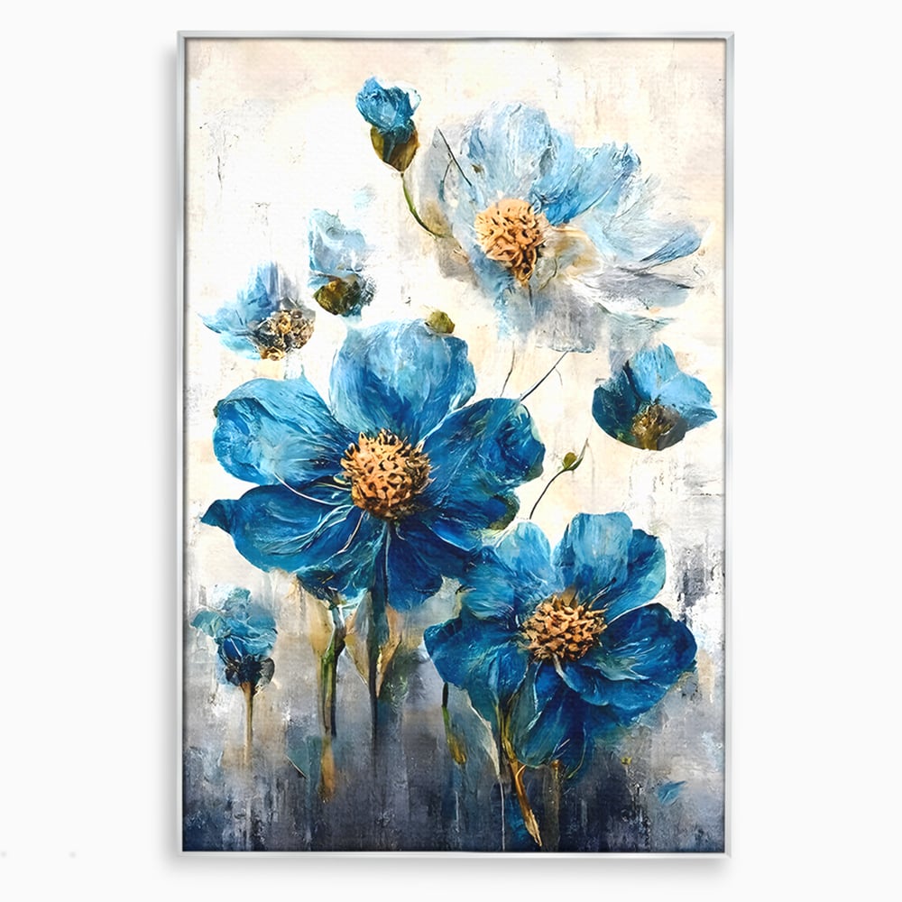 Tablou canvas cu pictura verticala cu flori albastre, in rama de aluminiu argintiu