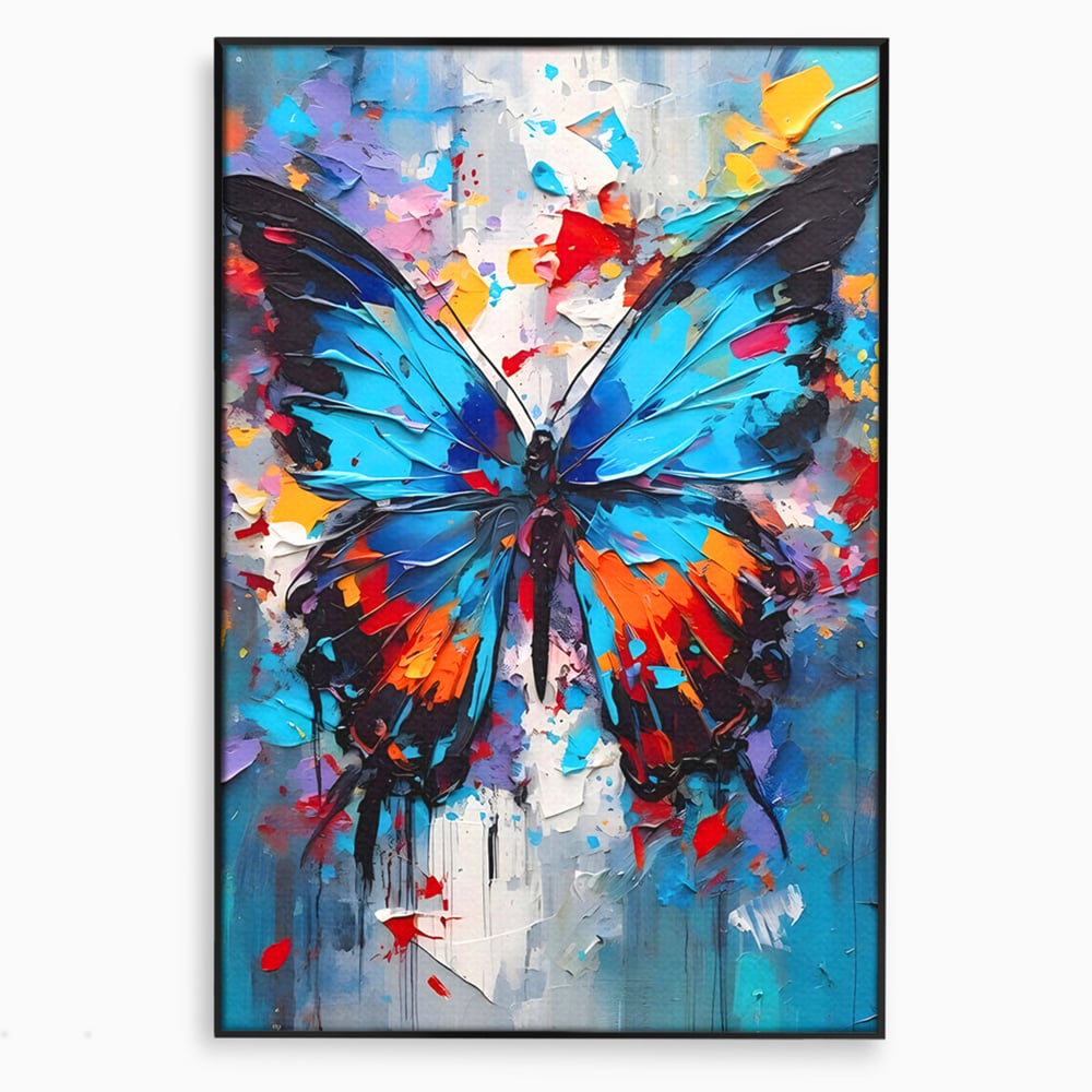 Tablou canvas cu pictura cu fluture albastru, in rama de aluminiu negru