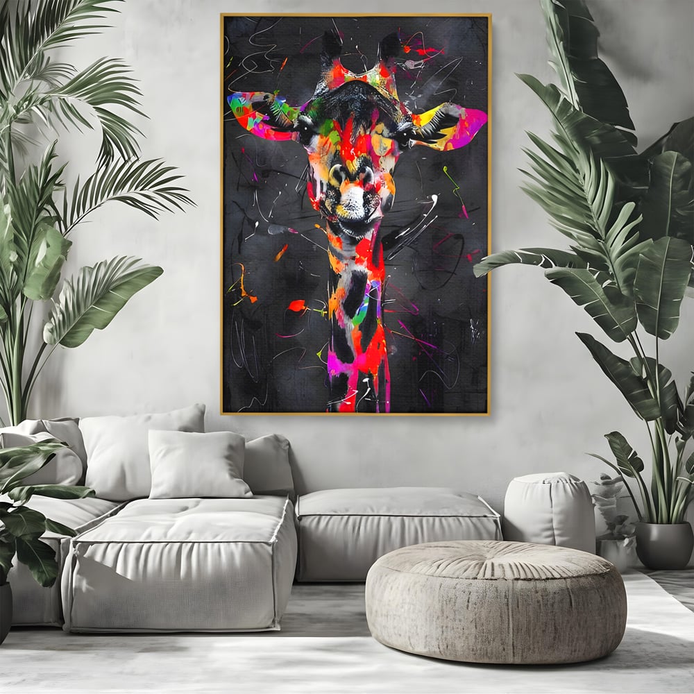 Tablou canvas cu tablou canvas cu girafa multicolor, in rama de aluminiu auriu, pe perete intr-un living