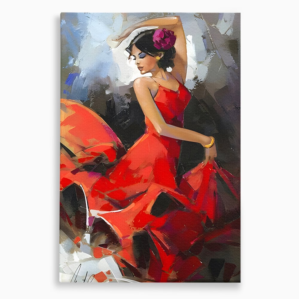 Tablou canvas cu tablou canvas cu dansatoare in rochie rosie, fara rama, pe sasiu de lemn
