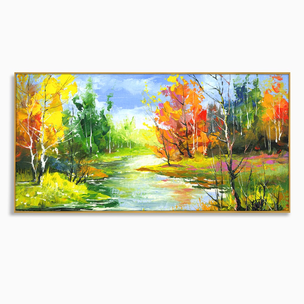 Tablou canvas cu pictura peisaj de toamna cu rau, in rama de aluminiu auriu