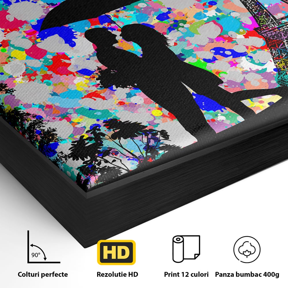 Detaliu al suprafetei: tablou canvas cu indragostiti la paris, in rama de aluminiu negru