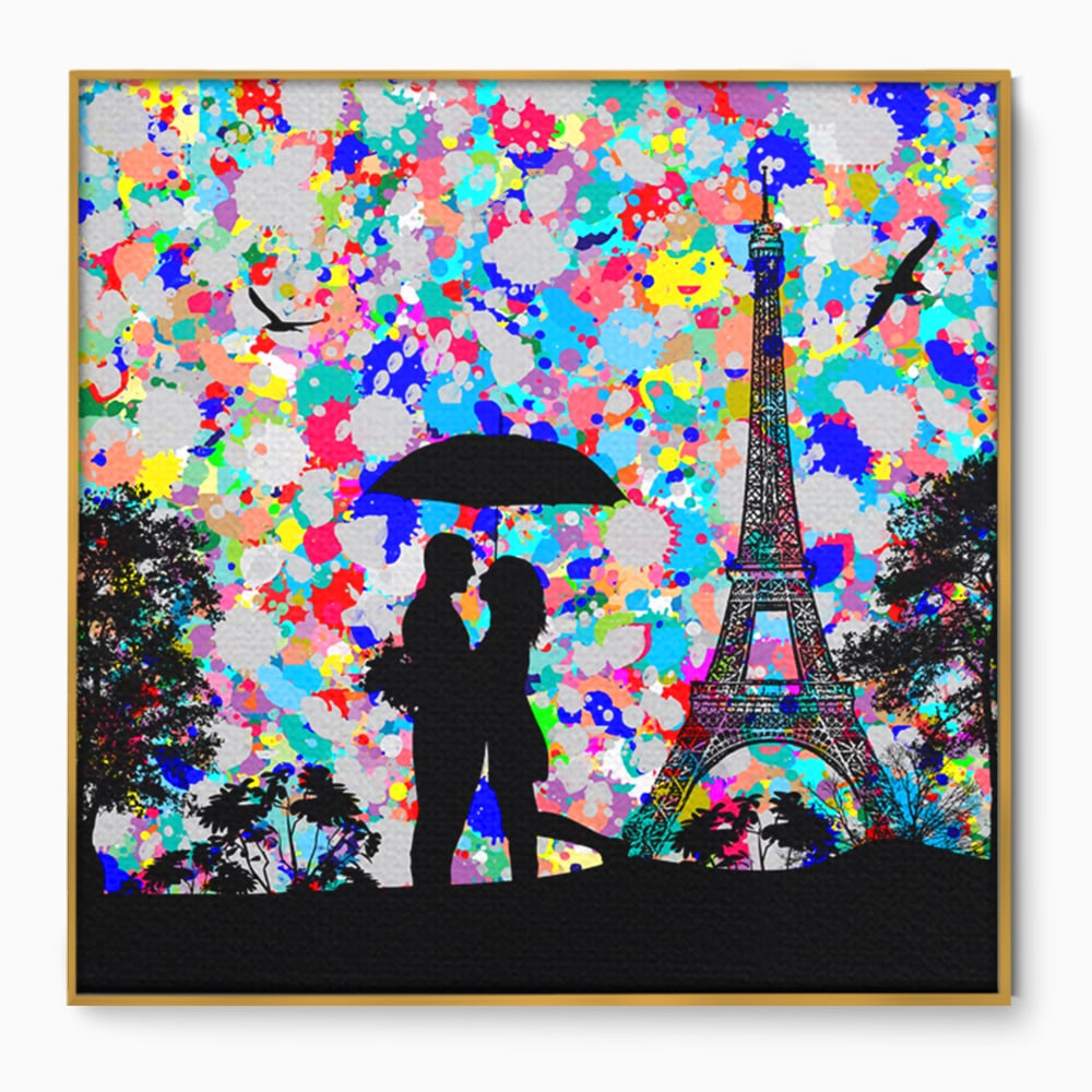 Tablou canvas cu tablou canvas cu indragostiti la paris, in rama de aluminiu auriu