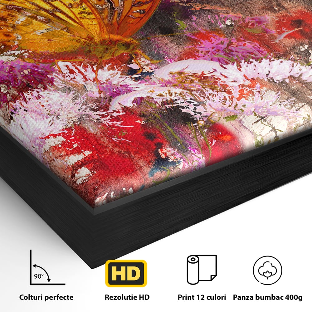 Detaliu al suprafetei: tablou canvas cu fluture si flori, in rama de aluminiu negru
