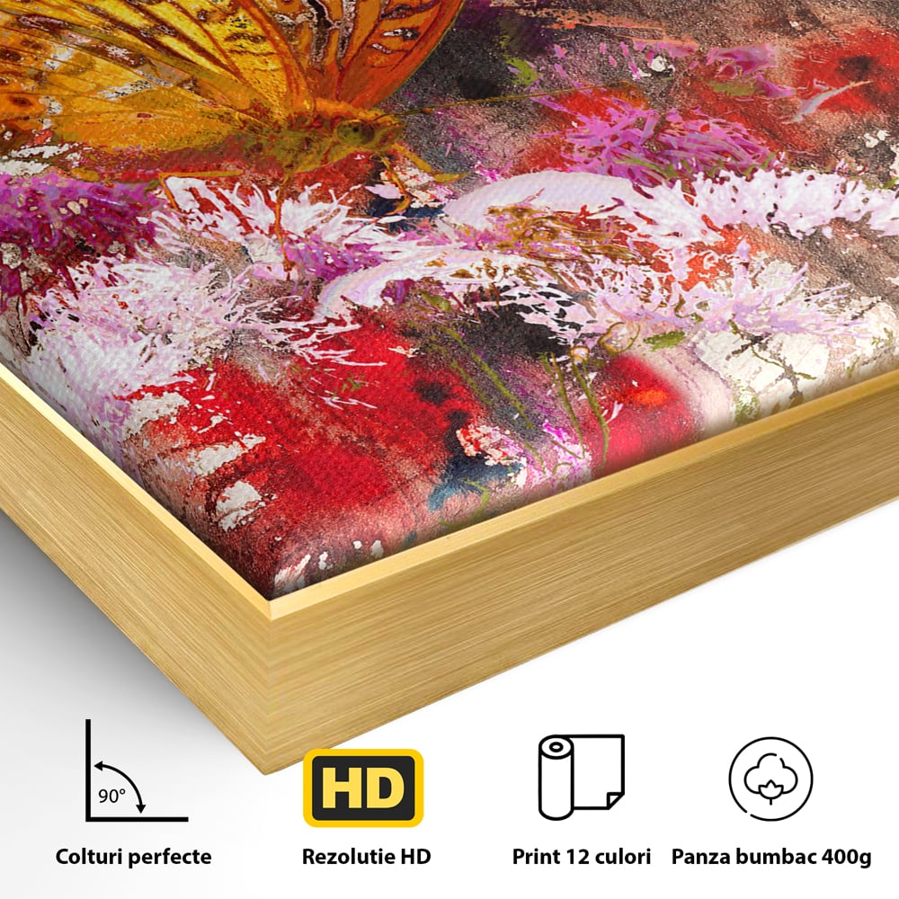 Detaliu al suprafetei: tablou canvas cu fluture si flori, in rama de aluminiu auriu