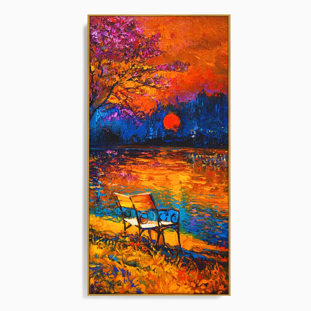 Tablou canvas cu tablou canvas cu banca pe malul lacului la apus, in rama de aluminiu auriu