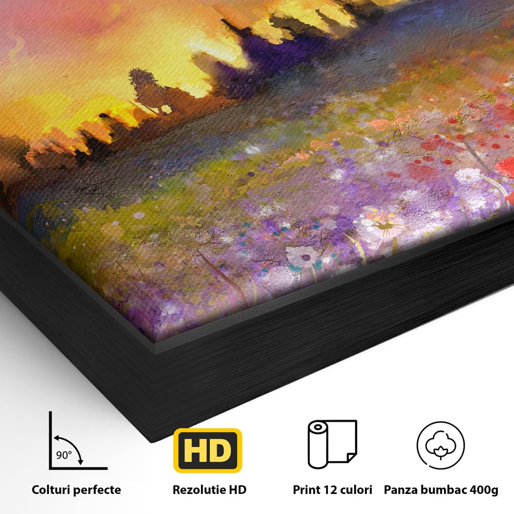 Detaliu al suprafetei: tablou canvas cu camp cu flori si apus, in rama de aluminiu negru